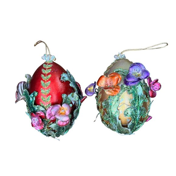 Handcrafted Floral Glitter Ornament Set With Red & Gold Egg Flower Designs - Picture 2 of 13